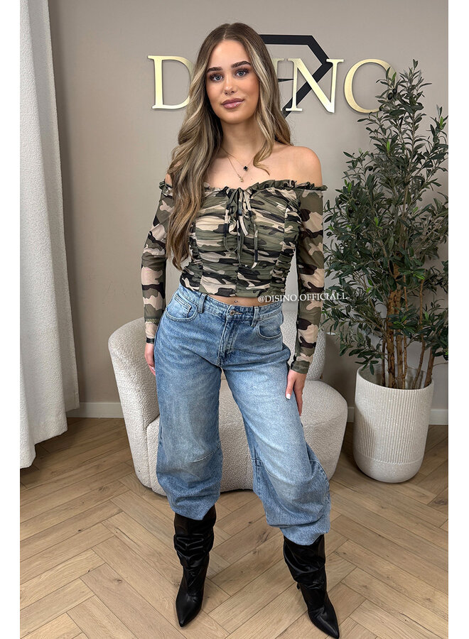 CAMO - 'DAXX TOP' - MESH OFF-SHOULDER CAMO PRINT TOP