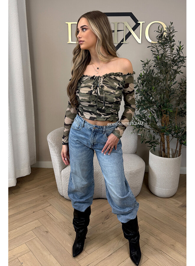 CAMO - 'DAXX TOP' - MESH OFF-SHOULDER CAMO PRINT TOP