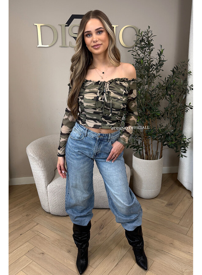 CAMO - 'DAXX TOP' - MESH OFF-SHOULDER CAMO PRINT TOP