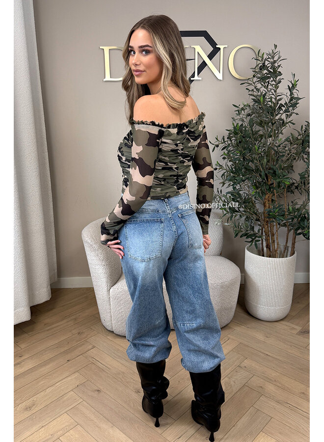 CAMO - 'DAXX TOP' - MESH OFF-SHOULDER CAMO PRINT TOP
