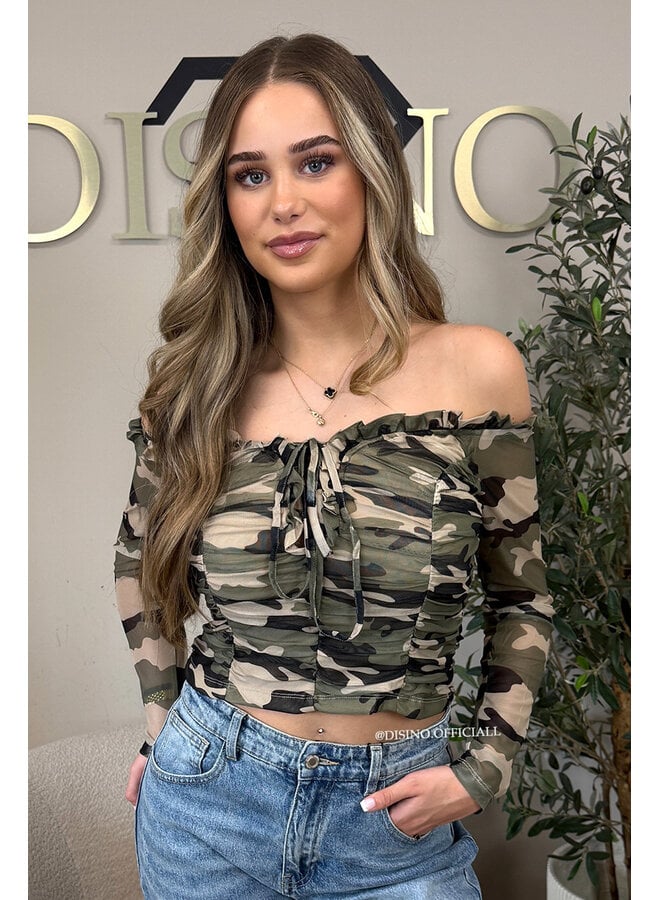 CAMO - 'DAXX TOP' - MESH OFF-SHOULDER CAMO PRINT TOP