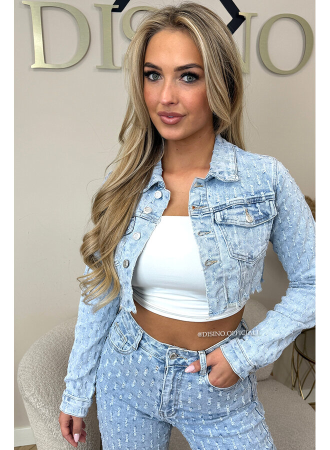 LIGHT BLUE - 'WHITNEY JACKET' - CROPPED RELIEF DENIM JACKET