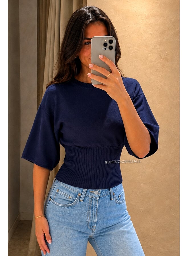 NAVY BLUE - 'ILAYDA SHORTSLEEVE' - SNATCHED BELL SLEEVE KNIT TOP