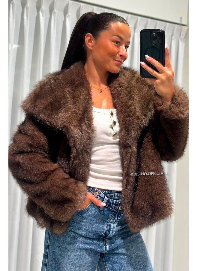 BROWN - 'SUZE COAT' - FLUFFY FAUX FUR OVERSIZED COAT