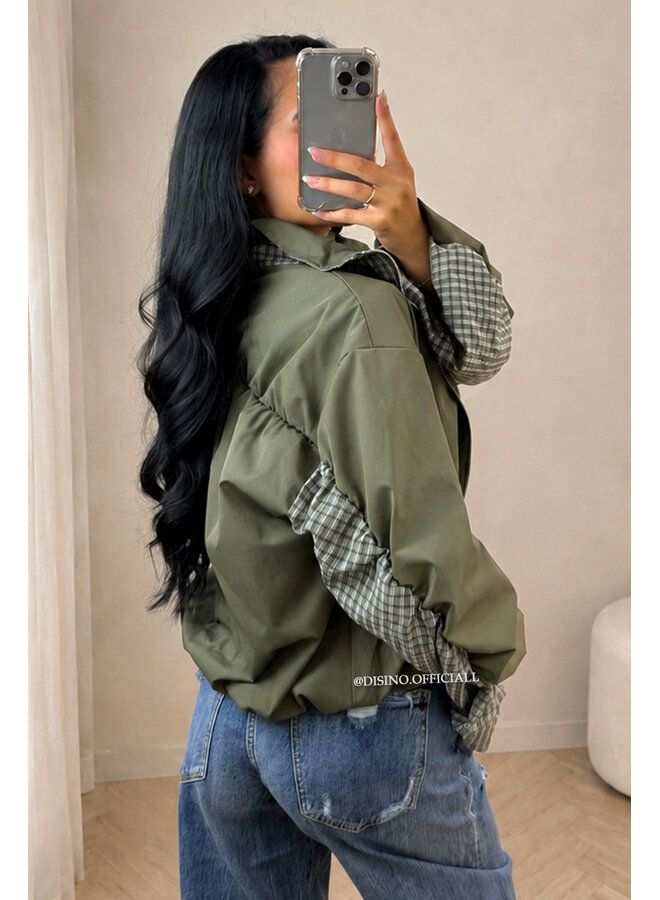 ARMY GREEN - 'NENA BOMBER' - OVERSIZED BOMBER CHECK DETAIL JACKET