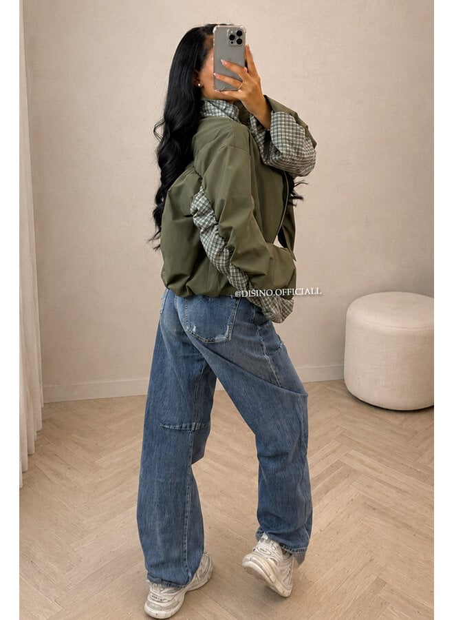 ARMY GREEN - 'NENA BOMBER' - OVERSIZED BOMBER CHECK DETAIL JACKET