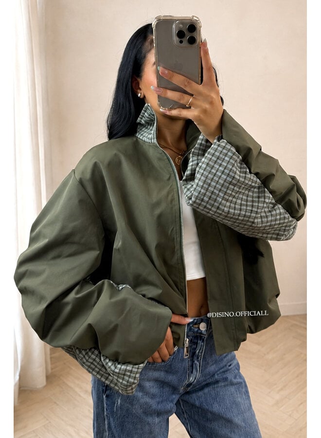 ARMY GREEN - 'NENA BOMBER' - OVERSIZED BOMBER CHECK DETAIL JACKET