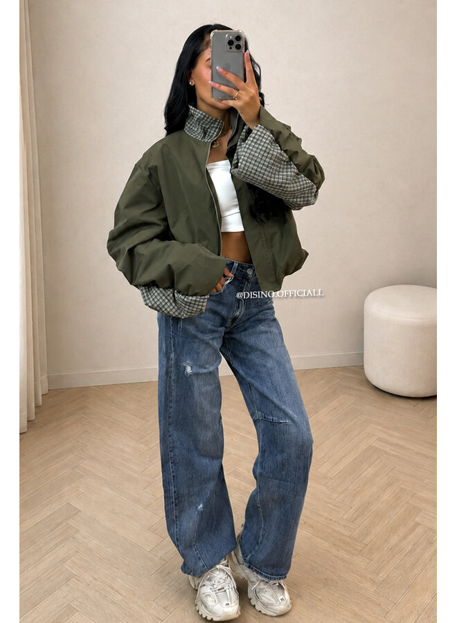 ARMY GREEN - 'NENA BOMBER' - OVERSIZED BOMBER CHECK DETAIL JACKET