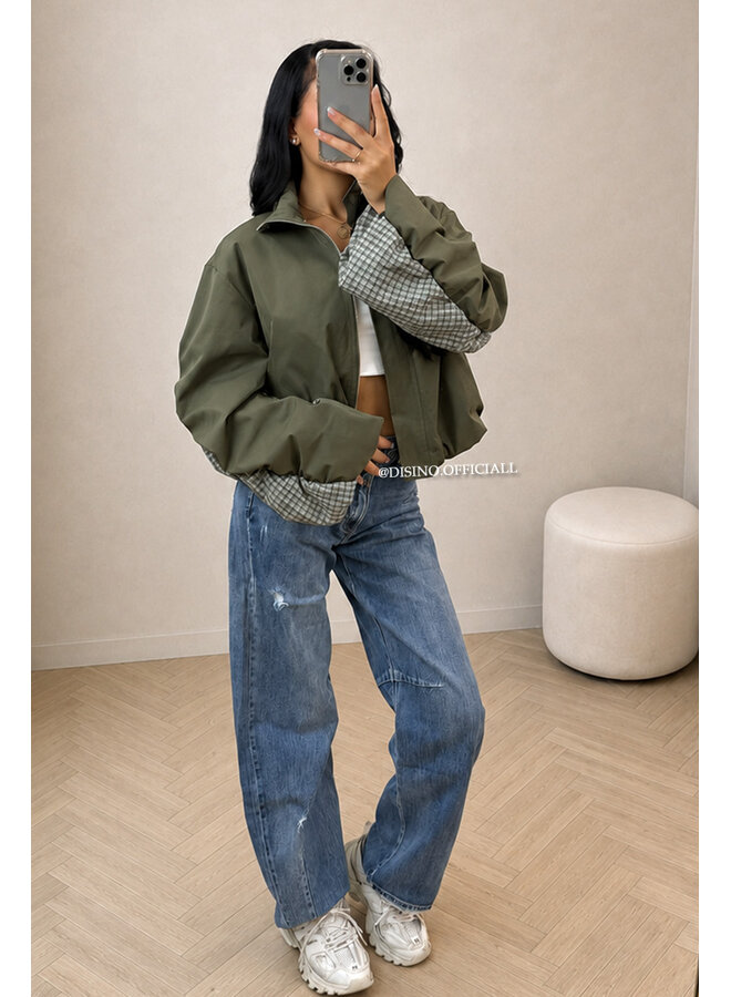 ARMY GREEN - 'NENA BOMBER' - OVERSIZED BOMBER CHECK DETAIL JACKET