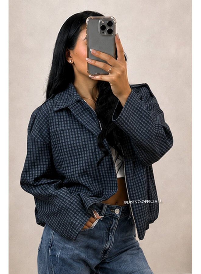 NAVY BLUE - 'VALENCIA JACKET' - OVERSIZED CHECKED BOMBER JACKET