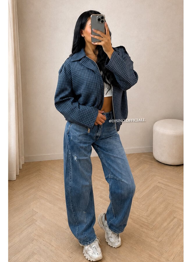 NAVY BLUE - 'VALENCIA JACKET' - OVERSIZED CHECKED BOMBER JACKET