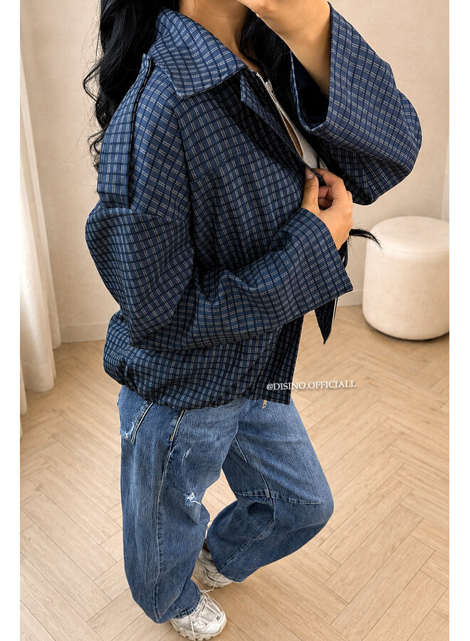 NAVY BLUE - 'VALENCIA JACKET' - OVERSIZED CHECKED BOMBER JACKET