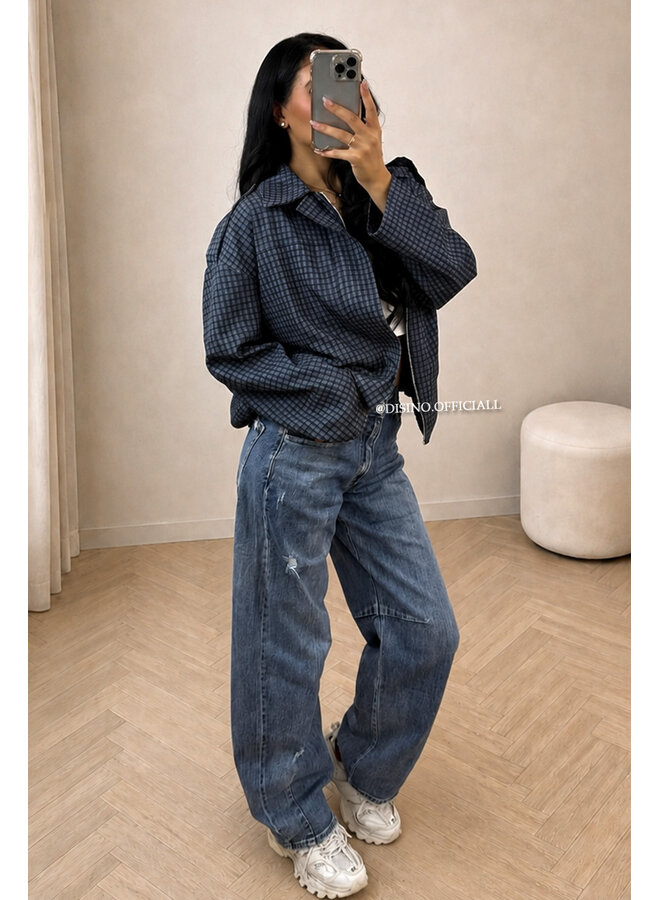 NAVY BLUE - 'VALENCIA JACKET' - OVERSIZED CHECKED BOMBER JACKET