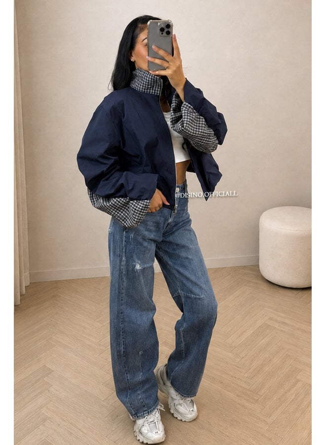 NAVY BLUE - 'NENA BOMBER' - OVERSIZED BOMBER CHECK DETAIL JACKET