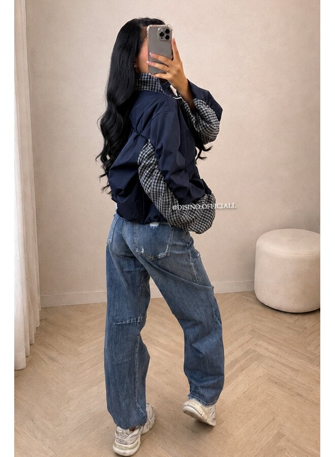NAVY BLUE - 'NENA BOMBER' - OVERSIZED BOMBER CHECK DETAIL JACKET