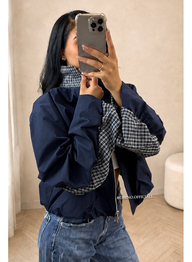 NAVY BLUE - 'NENA BOMBER' - OVERSIZED BOMBER CHECK DETAIL JACKET