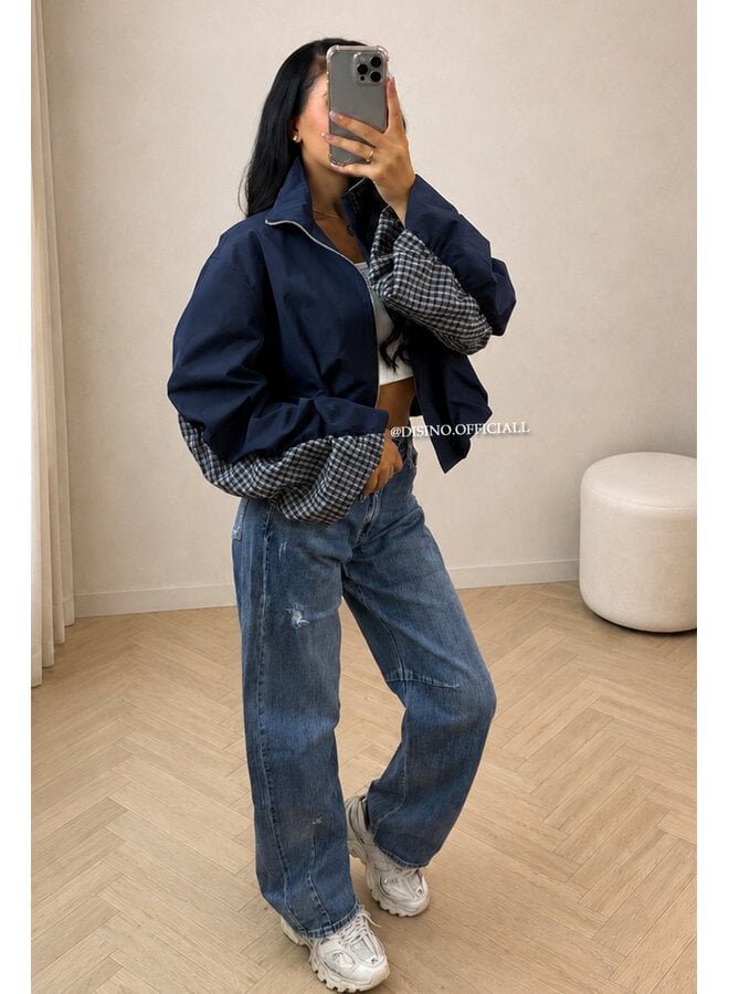 NAVY BLUE - 'NENA BOMBER' - OVERSIZED BOMBER CHECK DETAIL JACKET