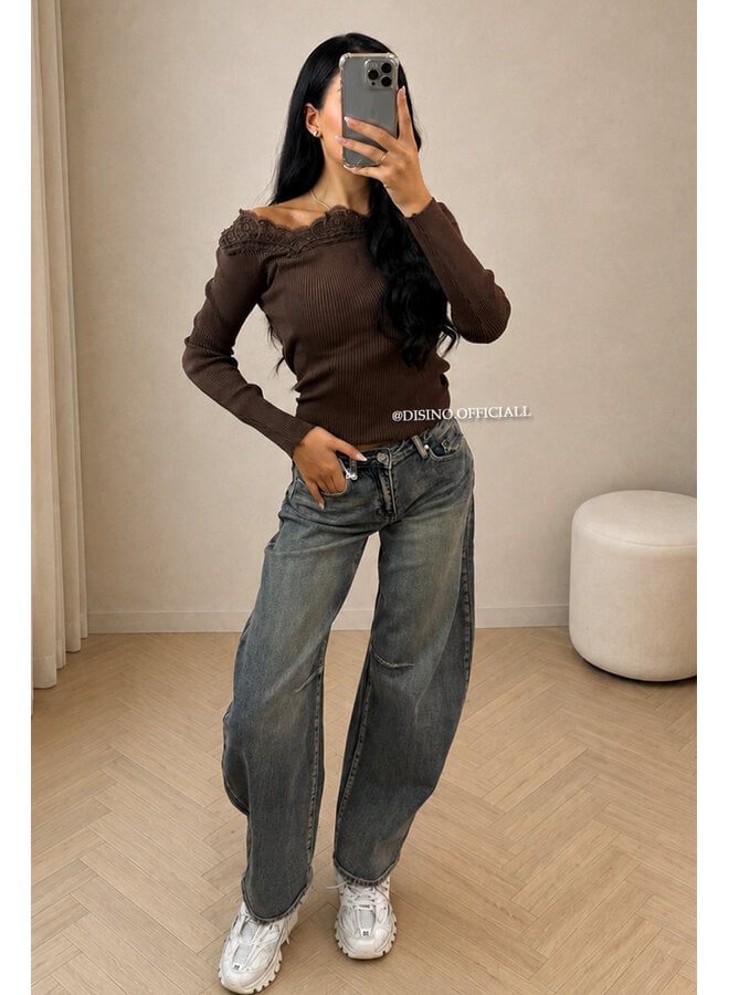 CHOCO - 'FIFI TOP' - LONGSLEEVE LACE DETAIL OFF SHOULDER TOP