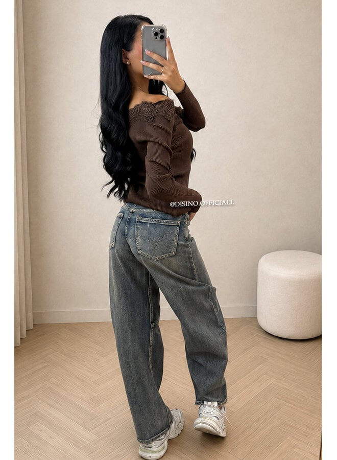 CHOCO - 'FIFI TOP' - LONGSLEEVE LACE DETAIL OFF SHOULDER TOP