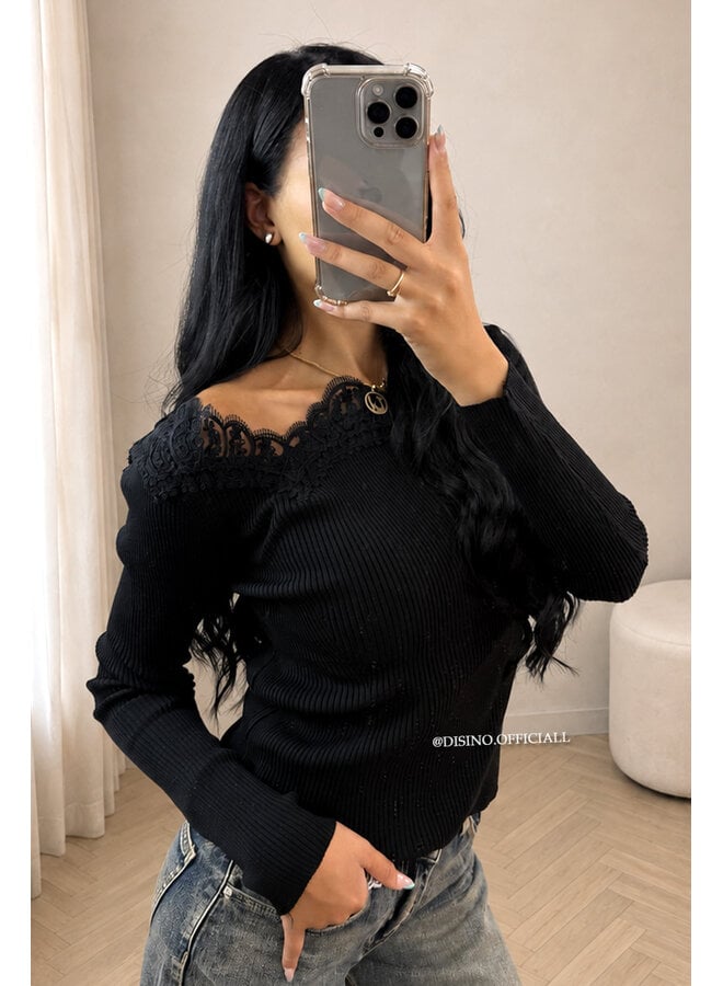 BLACK - 'FIFI TOP' - LONGSLEEVE LACE DETAIL OFF SHOULDER TOP