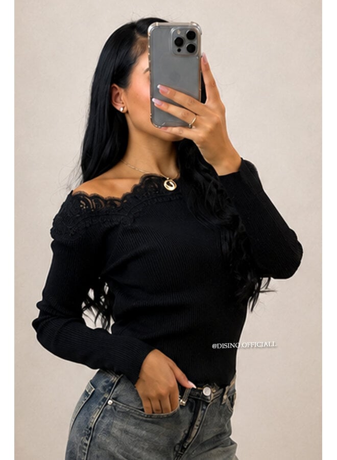 BLACK - 'FIFI TOP' - LONGSLEEVE LACE DETAIL OFF SHOULDER TOP