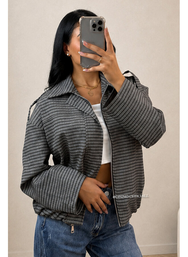 TAUPE - 'VALENCIA JACKET' - OVERSIZED CHECKED BOMBER JACKET
