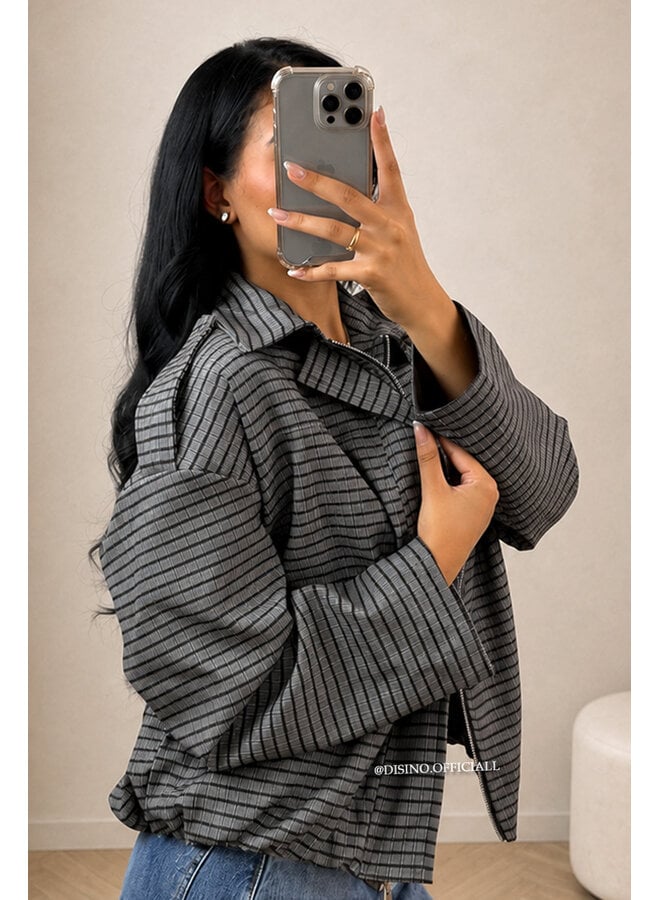 TAUPE - 'VALENCIA JACKET' - OVERSIZED CHECKED BOMBER JACKET