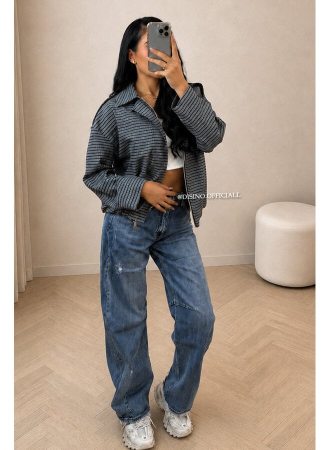GREY - 'VALENCIA JACKET' - OVERSIZED CHECKED BOMBER JACKET
