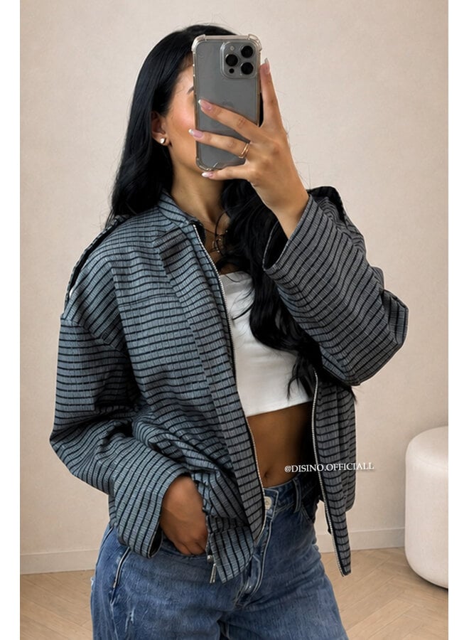 GREY - 'VALENCIA JACKET' - OVERSIZED CHECKED BOMBER JACKET
