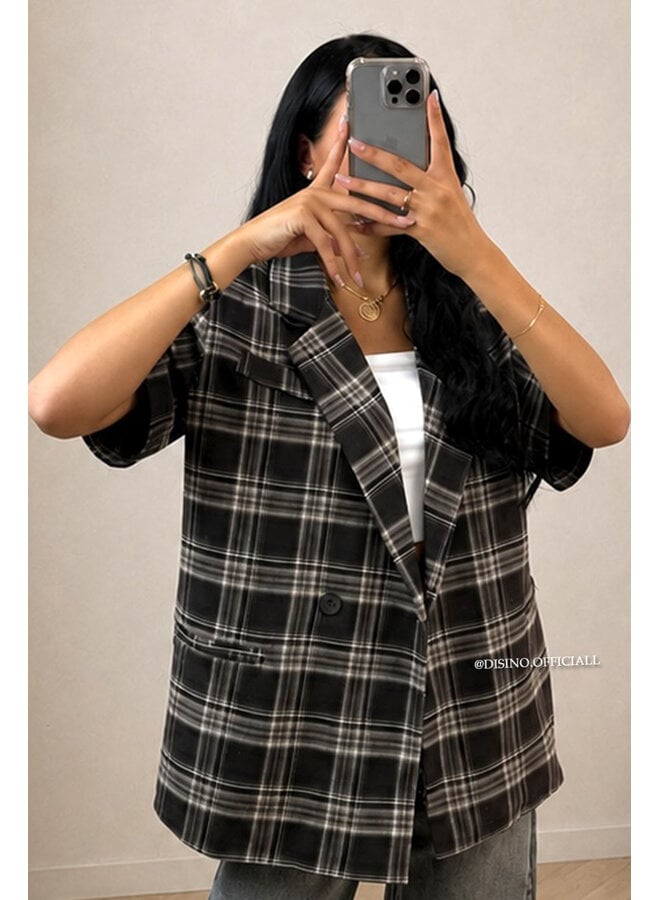 BEIGE - 'CHECKED MAEVA BLAZER' - OVERSIZED SHORT SLEEVE BLAZER DRESS