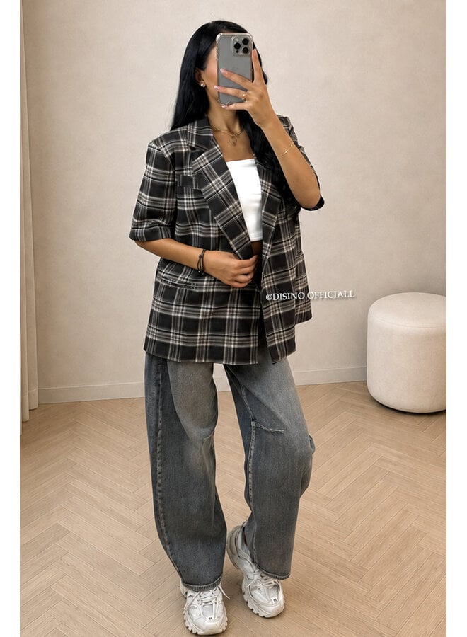 BEIGE - 'CHECKED MAEVA BLAZER' - OVERSIZED SHORT SLEEVE BLAZER DRESS