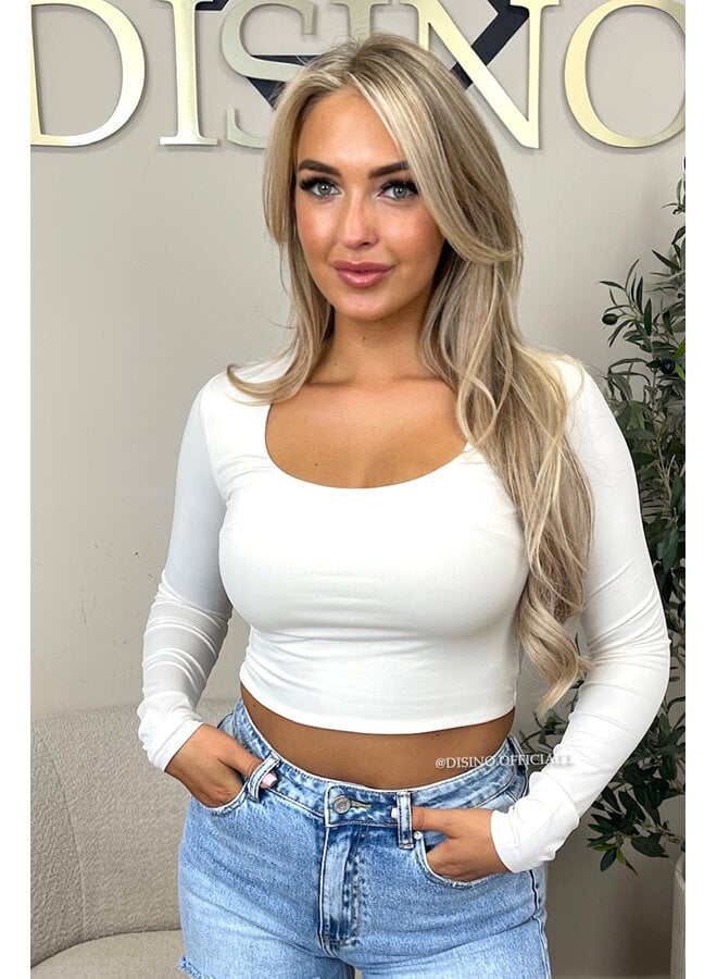 ECRU - 'KIMMSS CROPPED TOP' - PERFECT FIT V-NECK LONG SLEEVE TOP