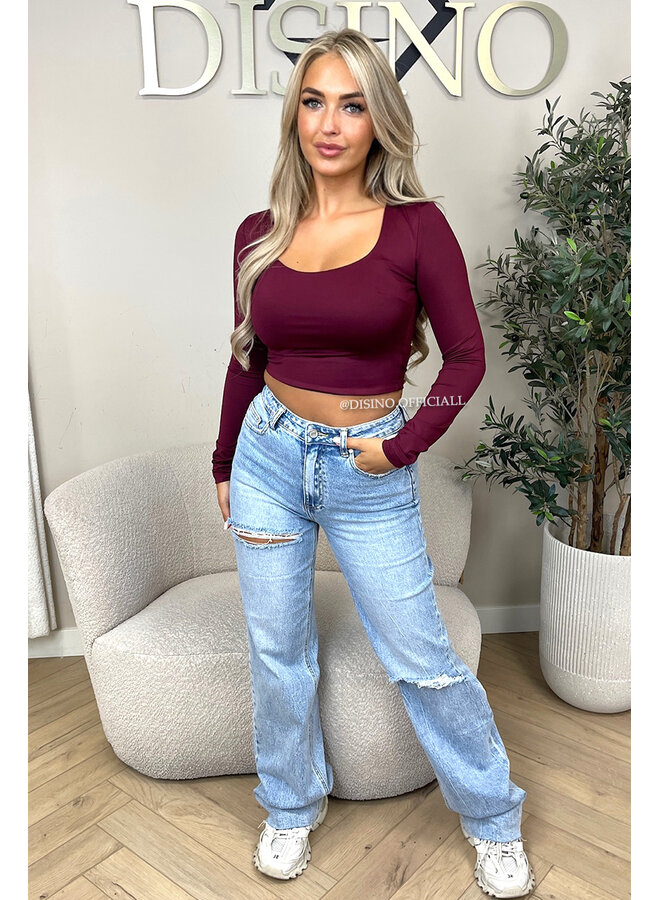 BORDEAUX - 'KIMMSS CROPPED TOP' - PERFECT FIT V-NECK LONG SLEEVE TOP
