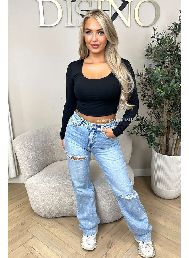BLACK - 'KIMMSS CROPPED TOP' - PERFECT FIT V-NECK LONG SLEEVE TOP