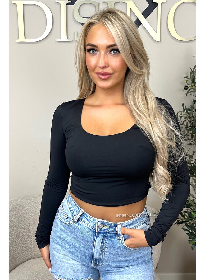 BLACK - 'KIMMSS CROPPED TOP' - PERFECT FIT V-NECK LONG SLEEVE TOP
