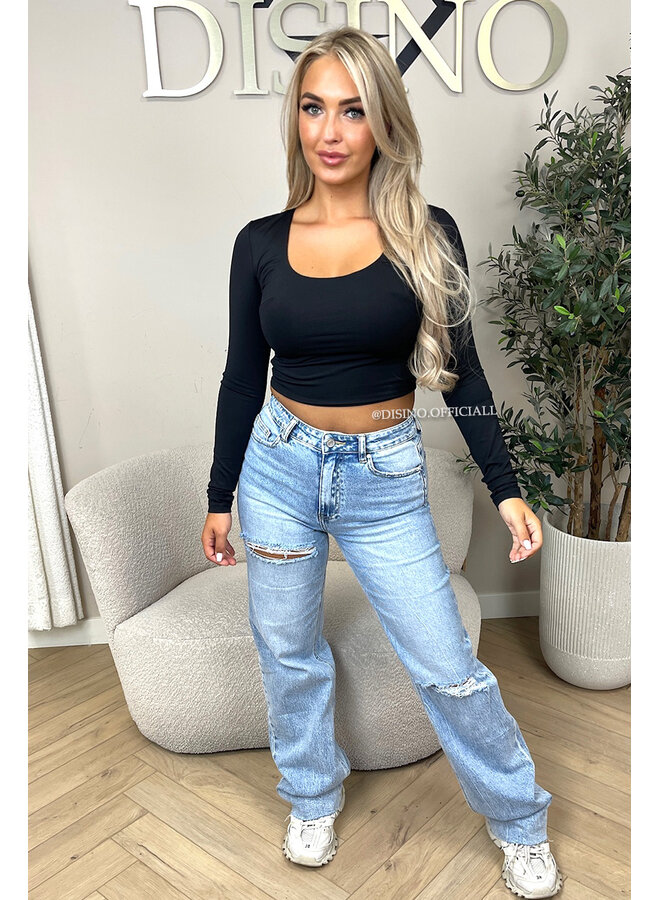 BLACK - 'KIMMSS CROPPED TOP' - PERFECT FIT V-NECK LONG SLEEVE TOP