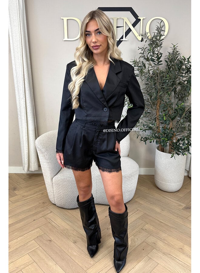 BLACK - 'LOUÉ SET' - LACE DETAILS CROPPED BLAZER + SHORT SET