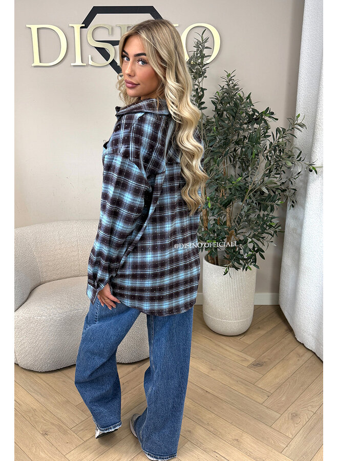 BLUE - 'MAUREEN BLOUSE' - DIAMONDS ALL OVER OVERSIZED CHECKED BLOUSE