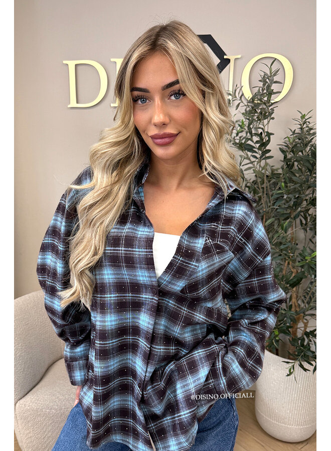 BLUE - 'MAUREEN BLOUSE' - DIAMONDS ALL OVER OVERSIZED CHECKED BLOUSE