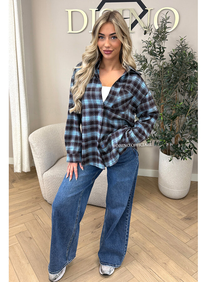 BLUE - 'MAUREEN BLOUSE' - DIAMONDS ALL OVER OVERSIZED CHECKED BLOUSE
