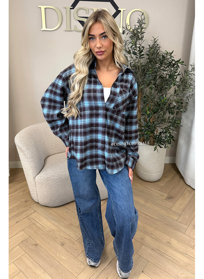 BLUE - 'MAUREEN BLOUSE' - DIAMONDS ALL OVER OVERSIZED CHECKED BLOUSE