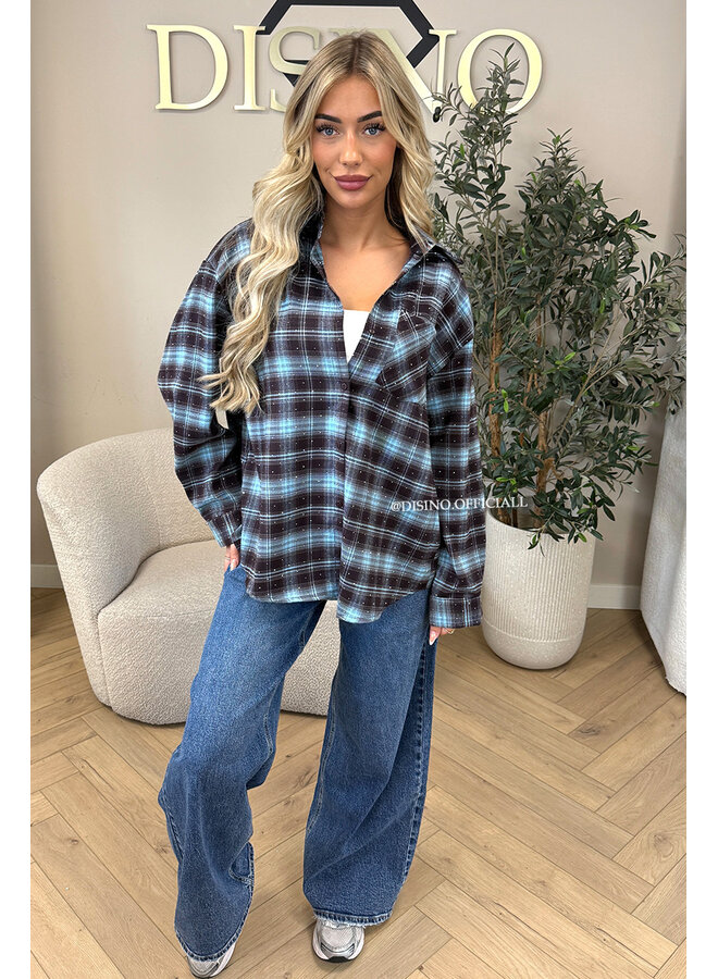 BLUE - 'MAUREEN BLOUSE' - DIAMONDS ALL OVER OVERSIZED CHECKED BLOUSE