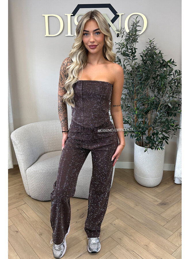 CHOCO - 'CELINA DIAMONDS JEANS' - EXCLUSIVE STRETCH RHINESTONE WIDE LEG JEANS