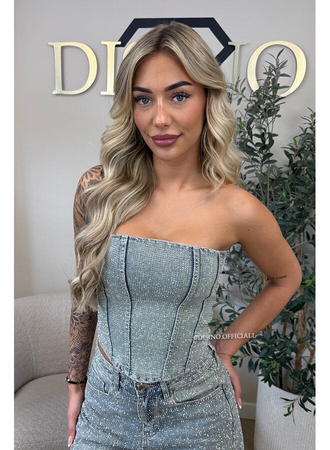 VINTAGE BLUE - 'CELINA TOP' - EXCLUSIVE DIAMONDS ALL OVER DENIM CORSET TOP