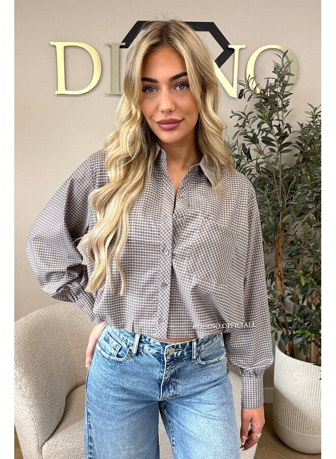 TAUPE - 'NENA V2 BLOUSE' - CHECKED CROPPED BLOUSE