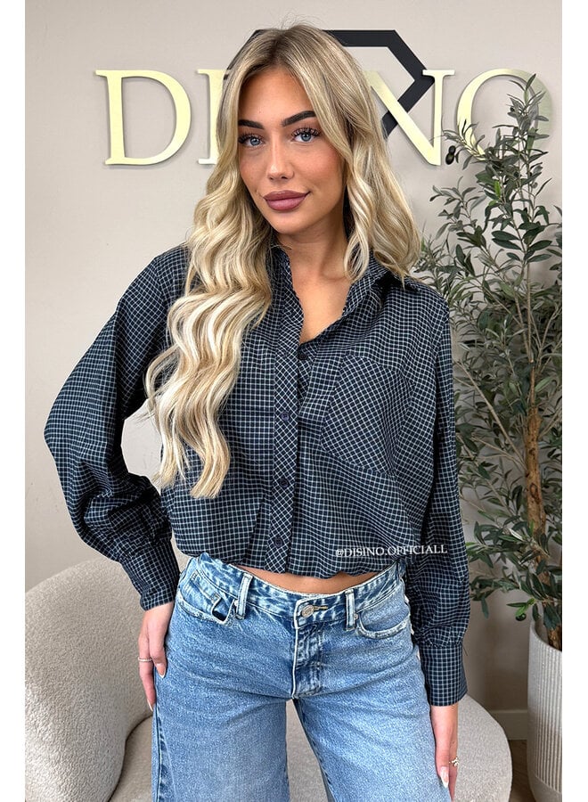 NAVY BLUE - 'NENA V2 BLOUSE' - CHECKED CROPPED BLOUSE