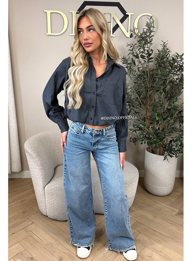 NAVY BLUE - 'NENA V2 BLOUSE' - CHECKED CROPPED BLOUSE