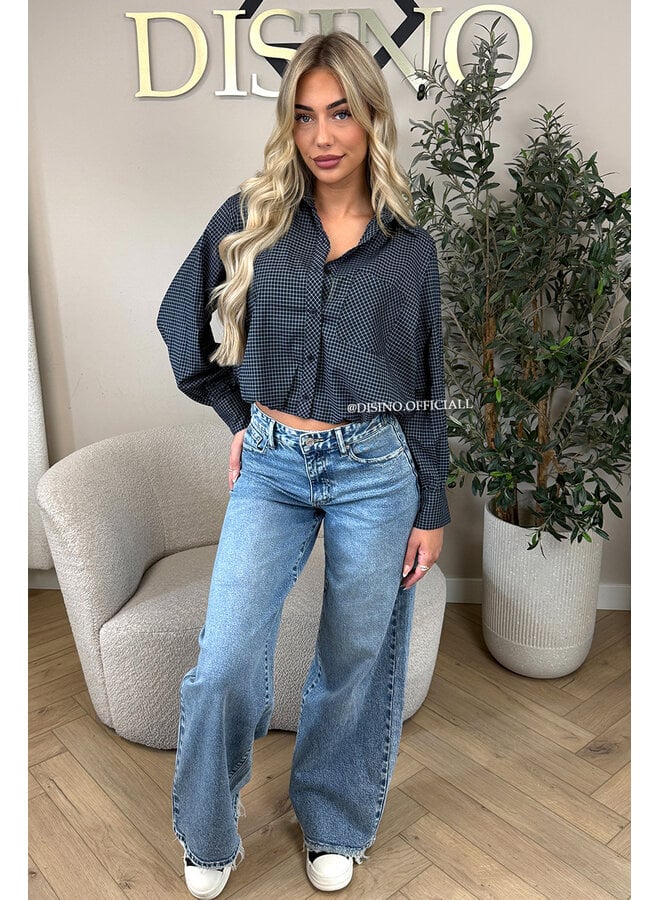 NAVY BLUE - 'NENA V2 BLOUSE' - CHECKED CROPPED BLOUSE