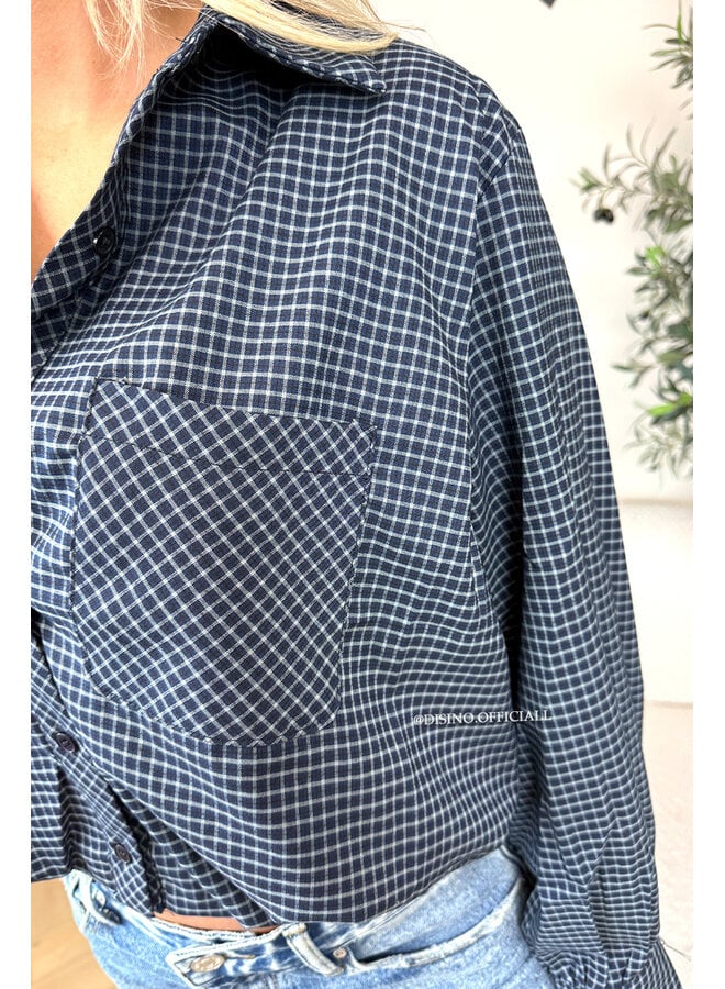 NAVY BLUE - 'NENA V2 BLOUSE' - CHECKED CROPPED BLOUSE