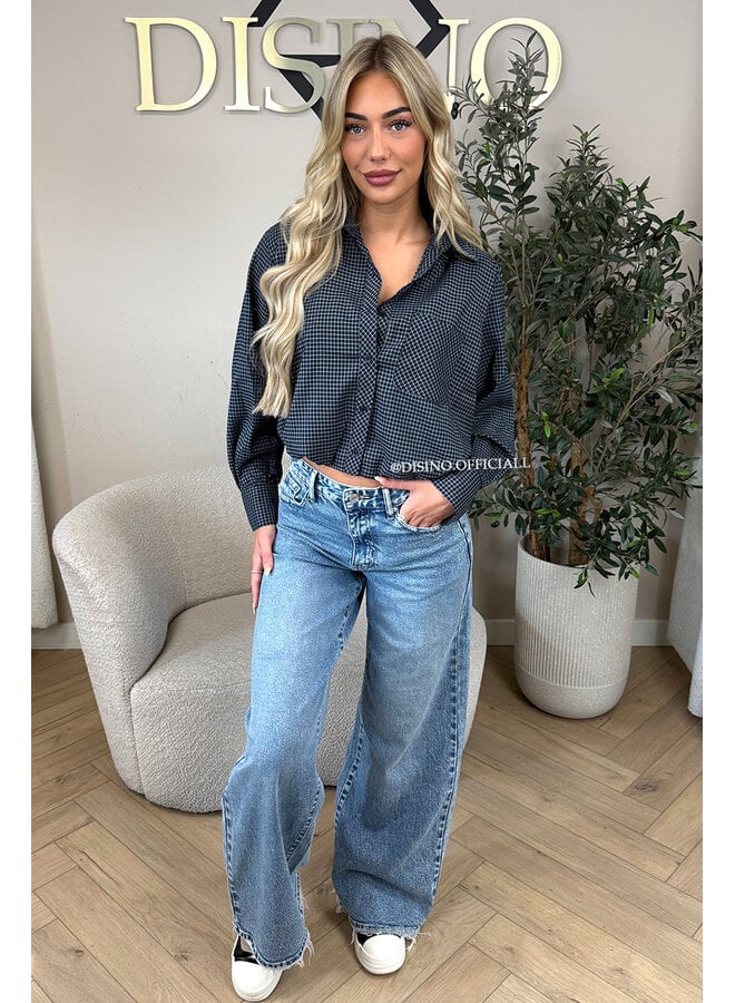 NAVY BLUE - 'NENA V2 BLOUSE' - CHECKED CROPPED BLOUSE